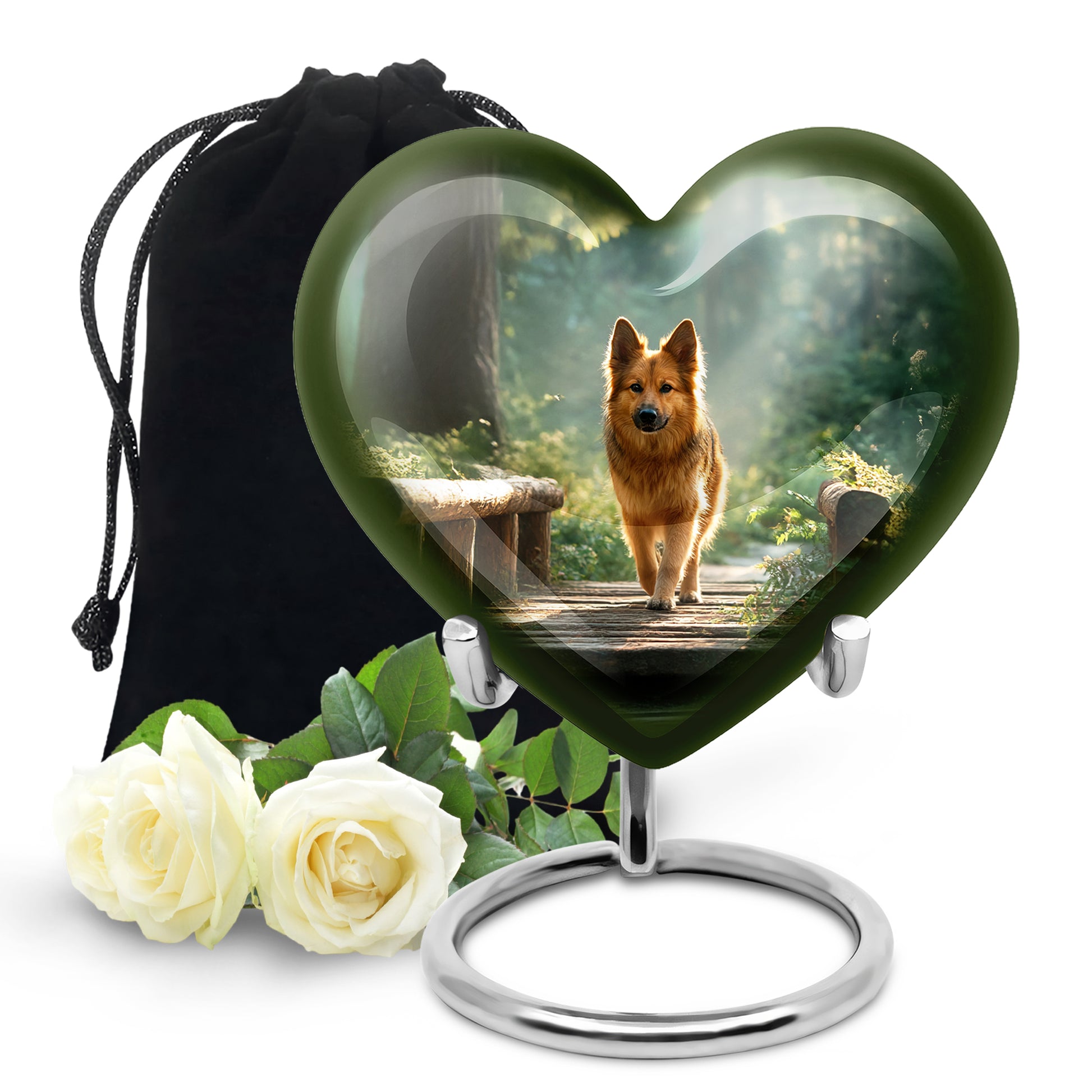 Forest Green Dog Cremation Urn detail view - romantic heart urn with dog motif on aluminum - full-size 10 inch 200 cubic inch adult cremation urn