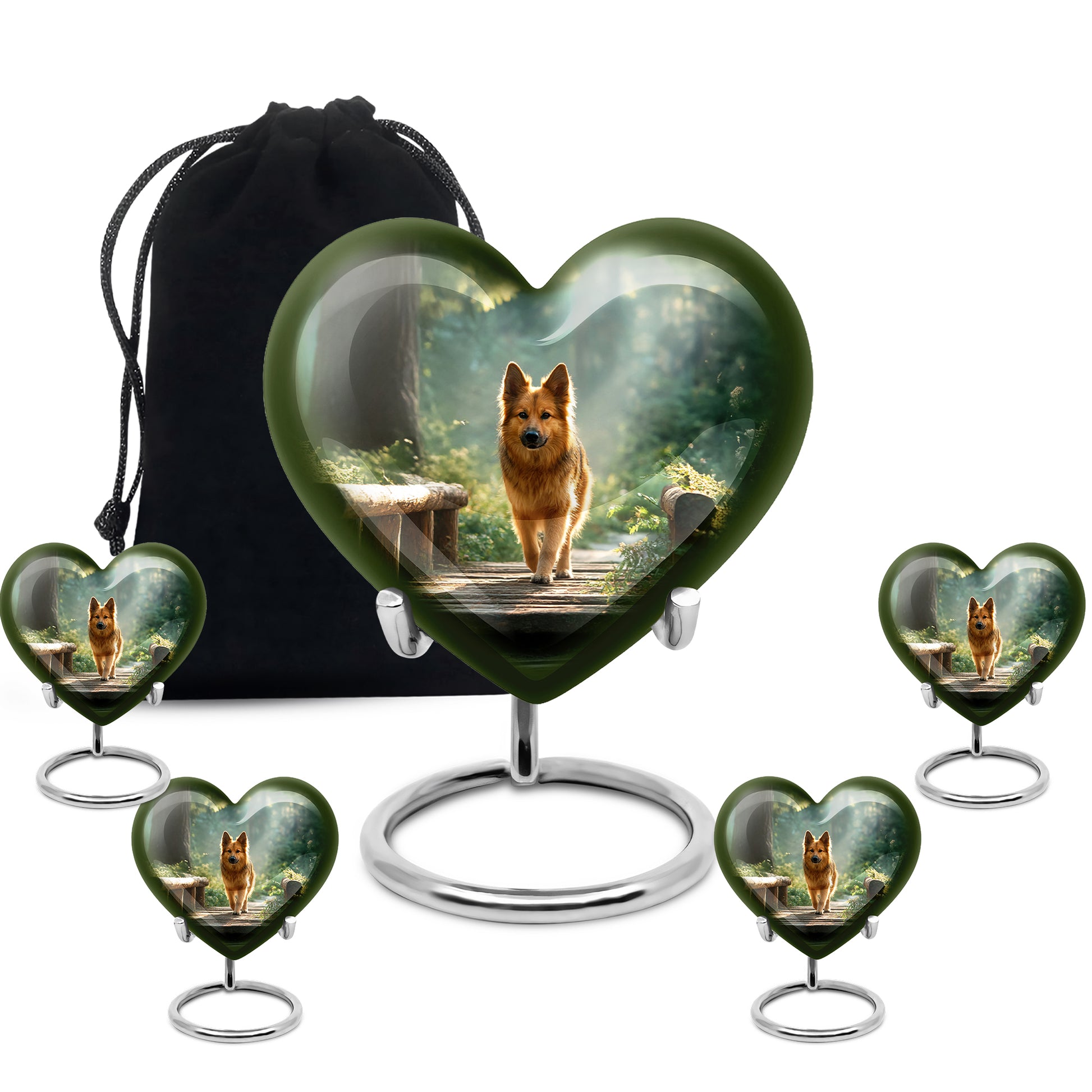 Moss Green Dog Cremation Urn close-up of engraving and surface detail - loving heart memorial featuring dog pattern - memorial set with one large and four small urns