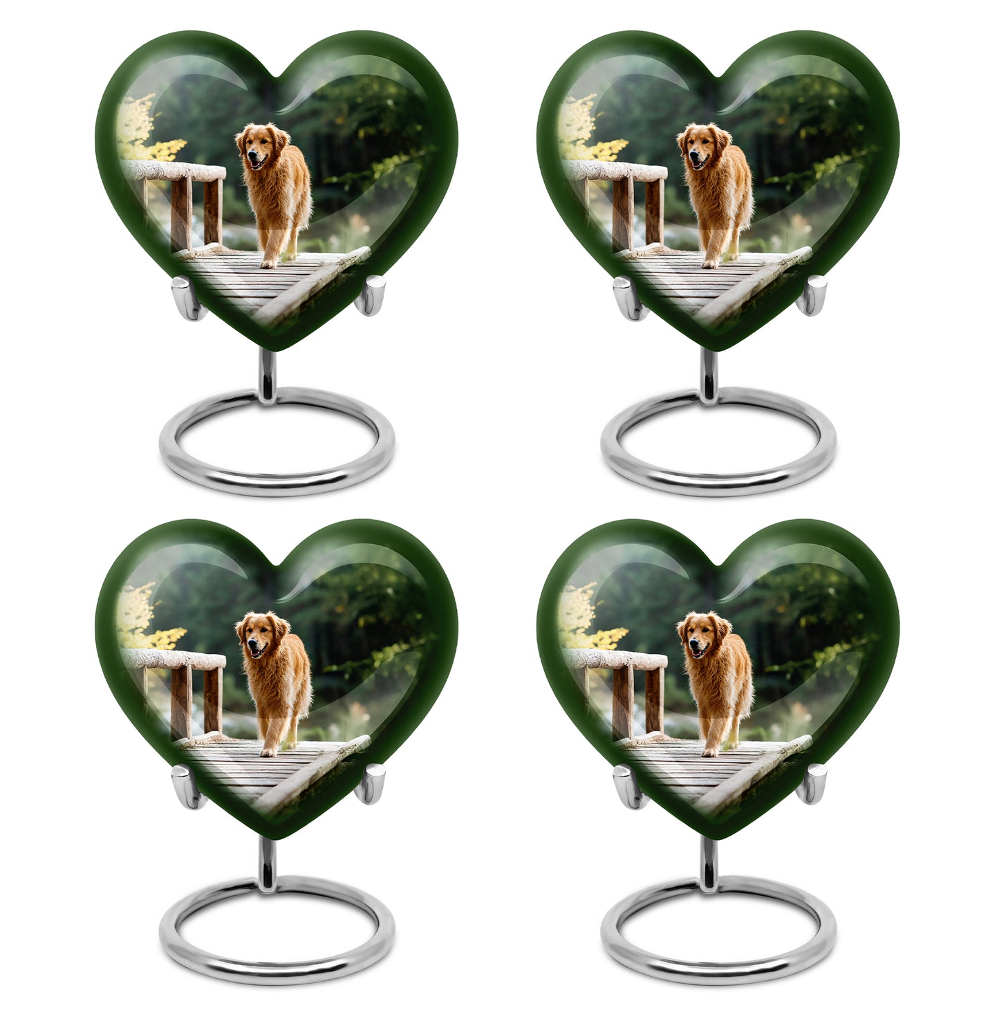 Mint Green Dog Cremation Urn angled view of lid and engraved motif - compassionate heart-dog combination with gentle curves - 10 inch aluminum urn for cremated remains