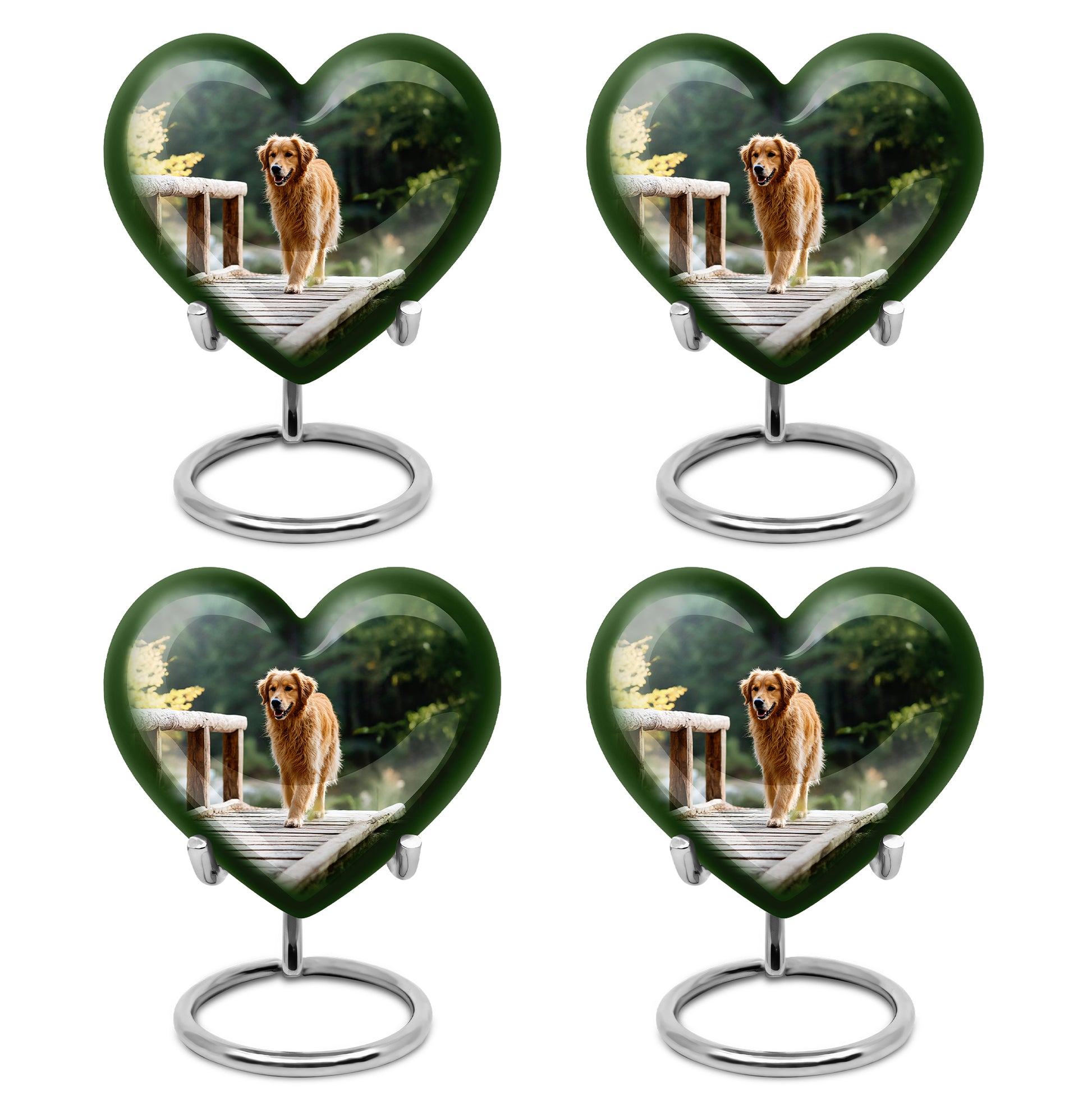 Mint Green Dog Cremation Urn angled view of lid and engraved motif - compassionate heart-dog combination with gentle curves - 10 inch aluminum urn for cremated remains