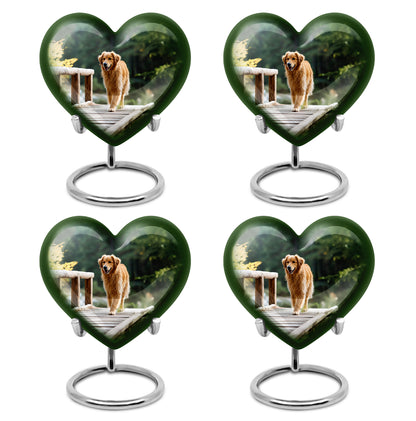 Mint Green Dog Cremation Urn angled view of lid and engraved motif - compassionate heart-dog combination with gentle curves - 10 inch aluminum urn for cremated remains