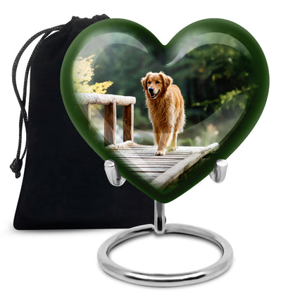 Hunter Green Dog Cremation Urn detail view - compassionate heart-dog combination with gentle curves - full-size 10 inch 200 cubic inch adult cremation urn