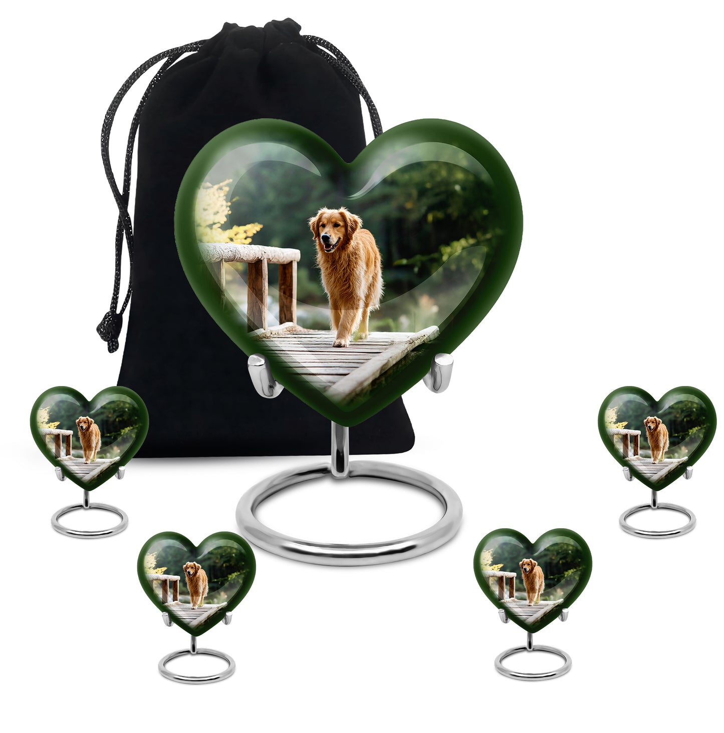 Emerald Green Dog Cremation Urn close-up of engraving and surface detail - heart-shaped dog design symbolizing eternal love - memorial set with one large and four small urns