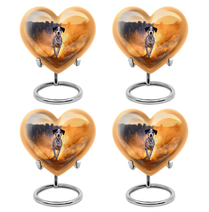 Gilded Gold Dog Cremation Urn angled view of lid and engraved motif - loving heart memorial featuring dog pattern - 10 inch aluminum urn for cremated remains