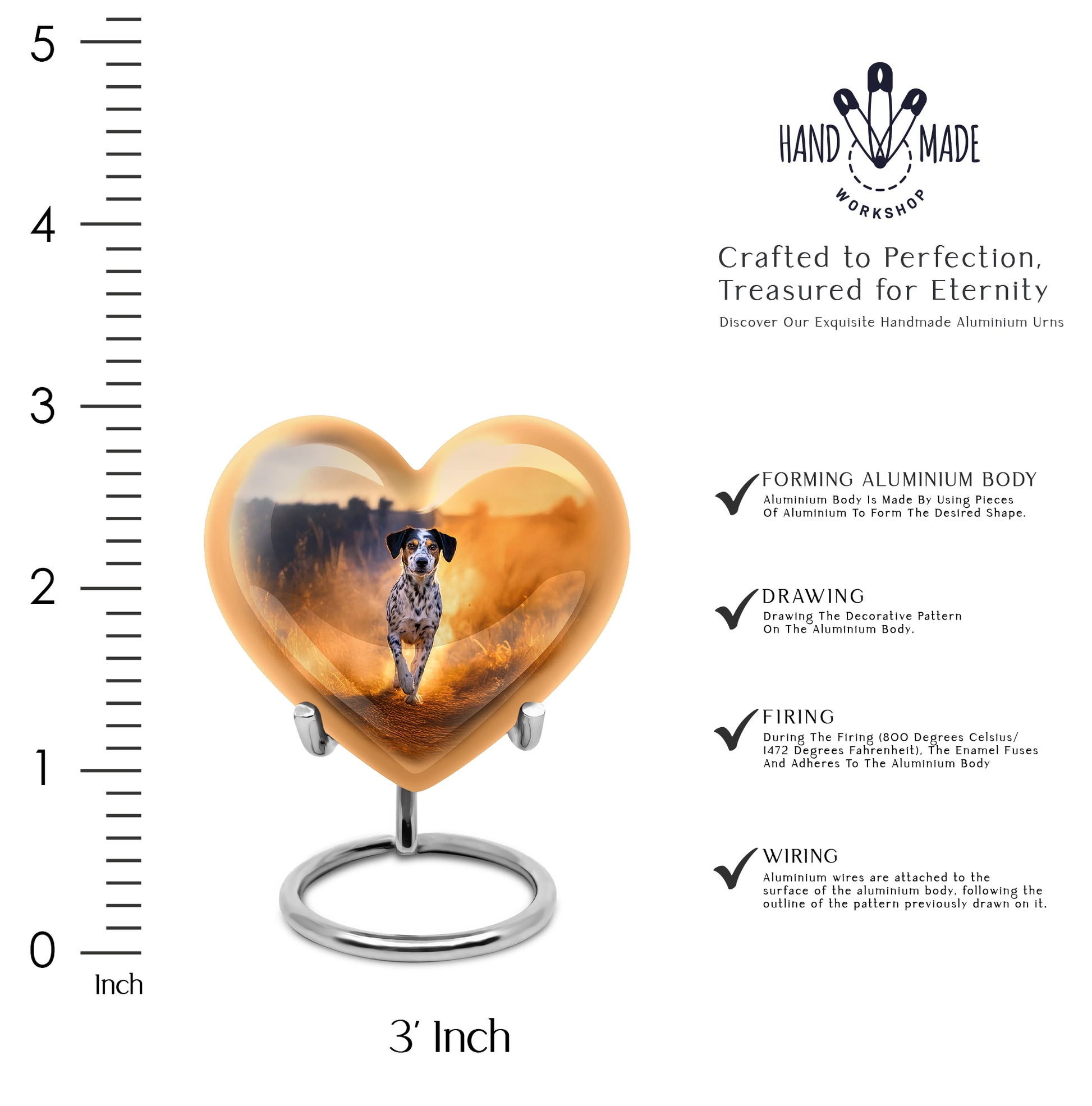 Burnished Gold Dog Cremation Urn front view showing detailed design - romantic heart urn with dog motif on aluminum - mini keepsake memorial for portion of cremation ashes