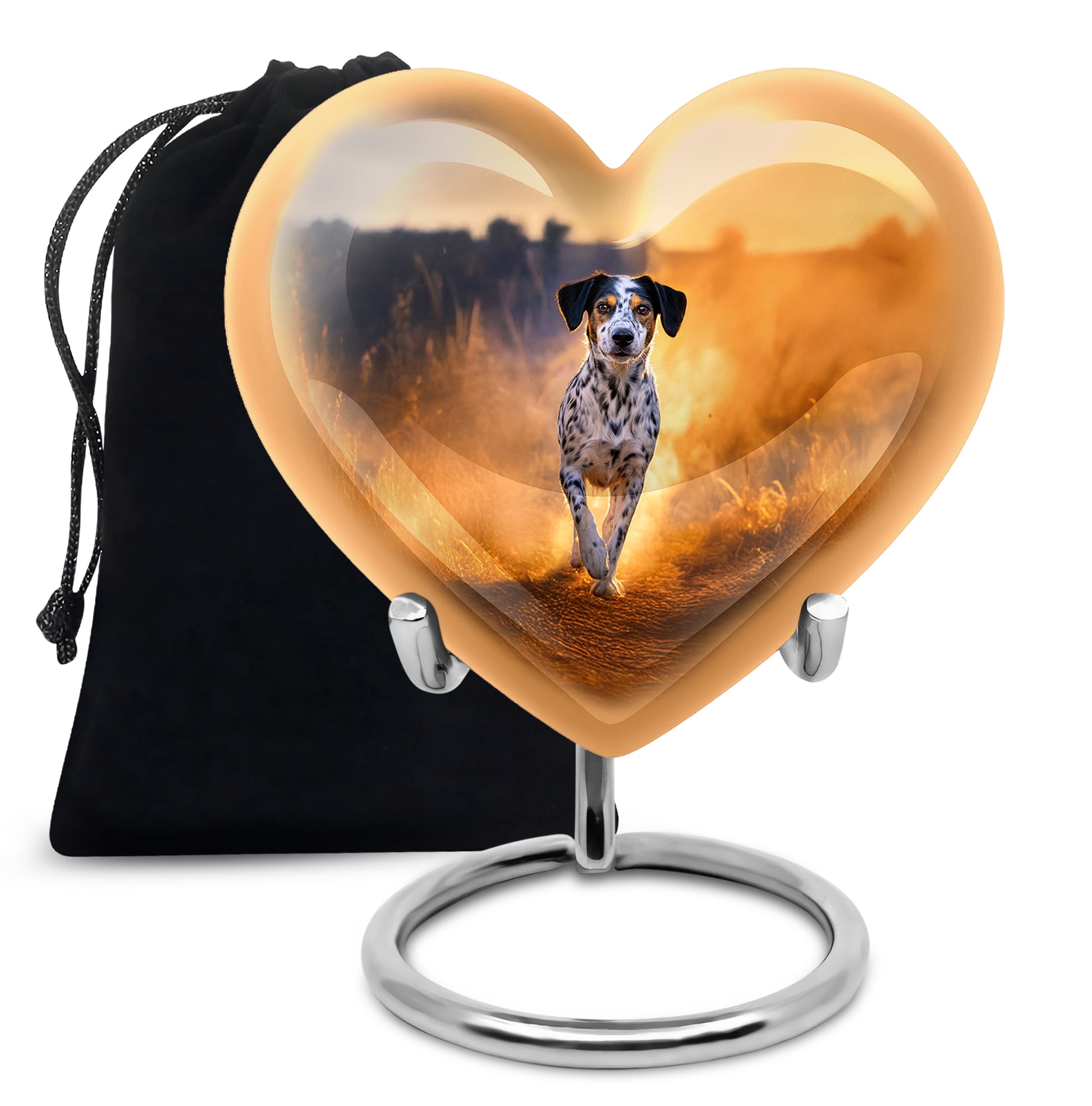 Gilded Gold Dog Cremation Urn detail view - heart-shaped dog design symbolizing eternal love - full-size 10 inch 200 cubic inch adult cremation urn