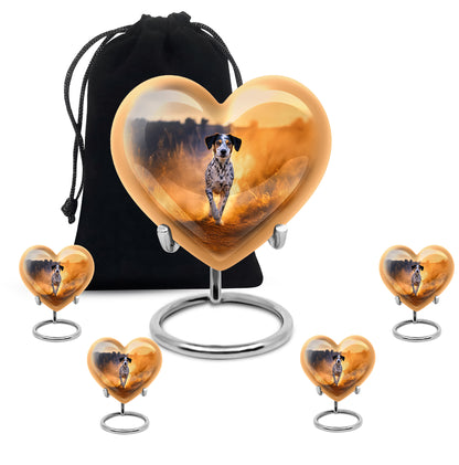 Gilded Gold Dog Cremation Urn close-up of engraving and surface detail - loving heart memorial featuring dog pattern - memorial set with one large and four small urns