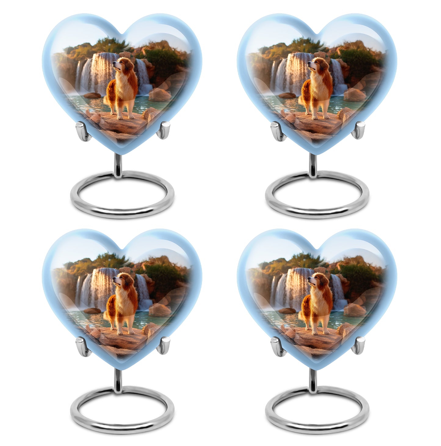 Celestial Blue Dog Cremation Urn angled view of lid and engraved motif - loving heart memorial featuring dog pattern - 10 inch aluminum urn for cremated remains