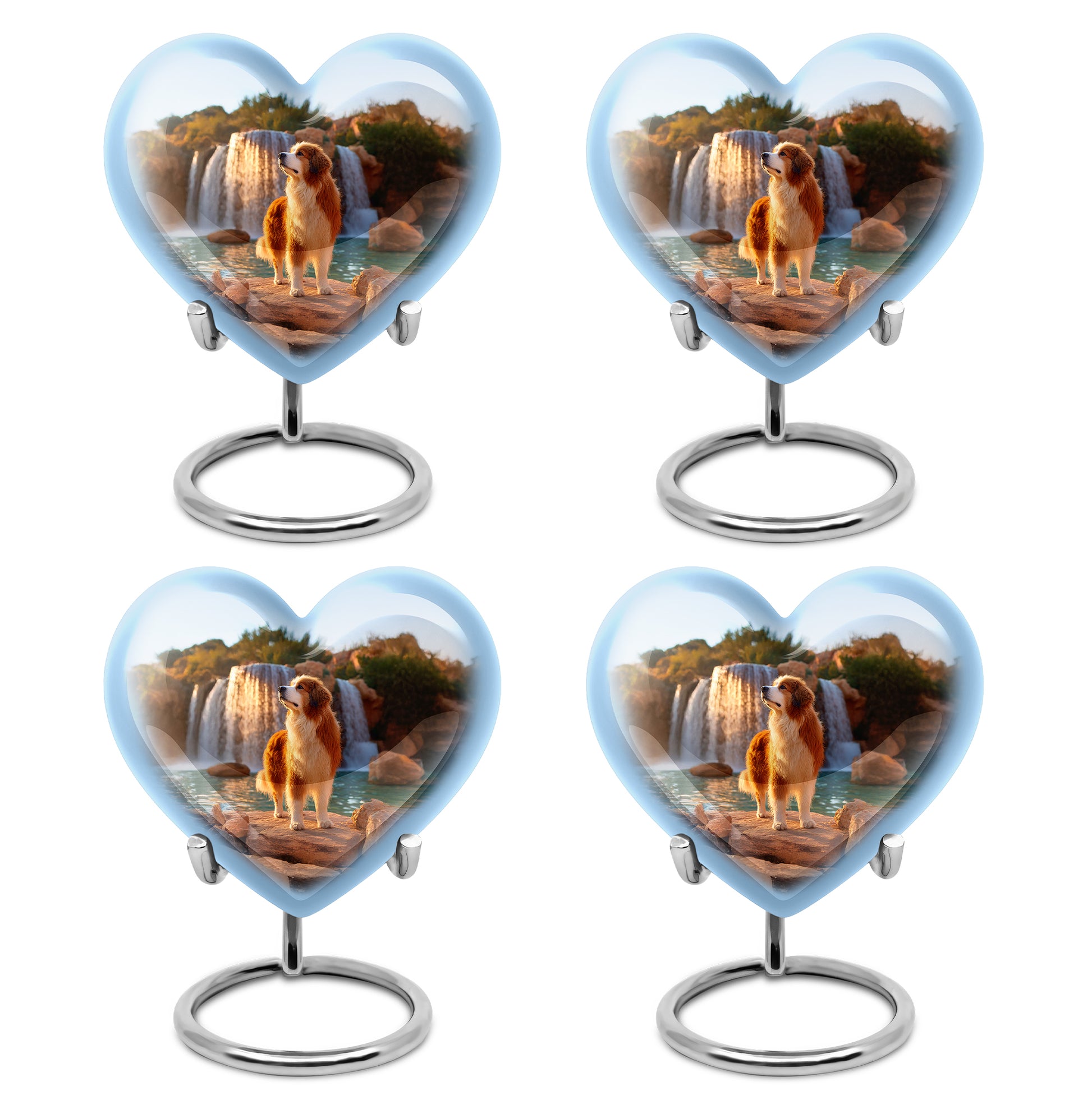 Celestial Blue Dog Cremation Urn angled view of lid and engraved motif - loving heart memorial featuring dog pattern - 10 inch aluminum urn for cremated remains
