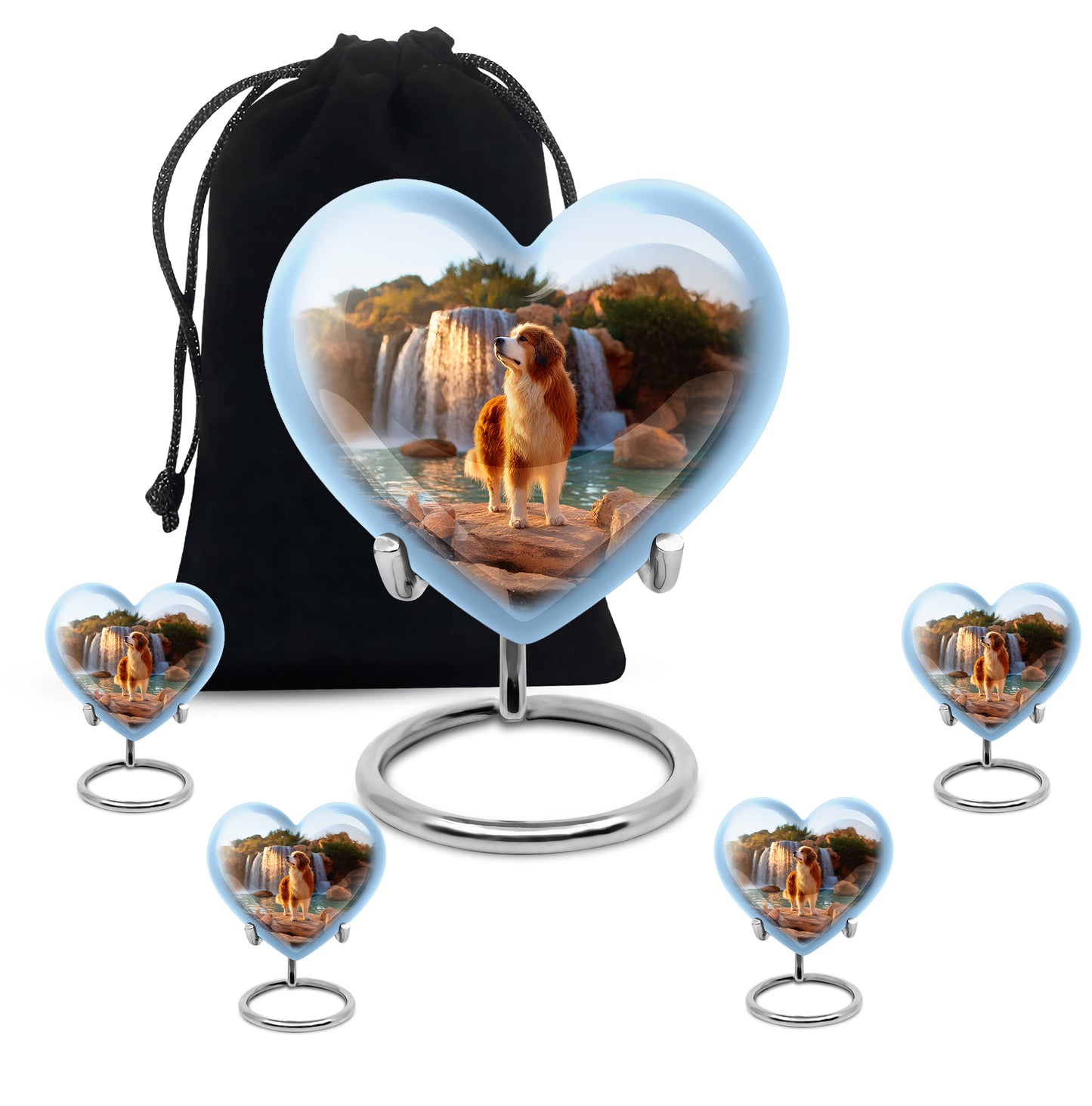 Powder Blue Dog Cremation Urn close-up of engraving and surface detail - heart-shaped dog design symbolizing eternal love - memorial set with one large and four small urns