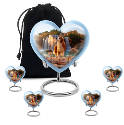 Powder Blue Dog Cremation Urn close-up of engraving and surface detail - heart-shaped dog design symbolizing eternal love - memorial set with one large and four small urns