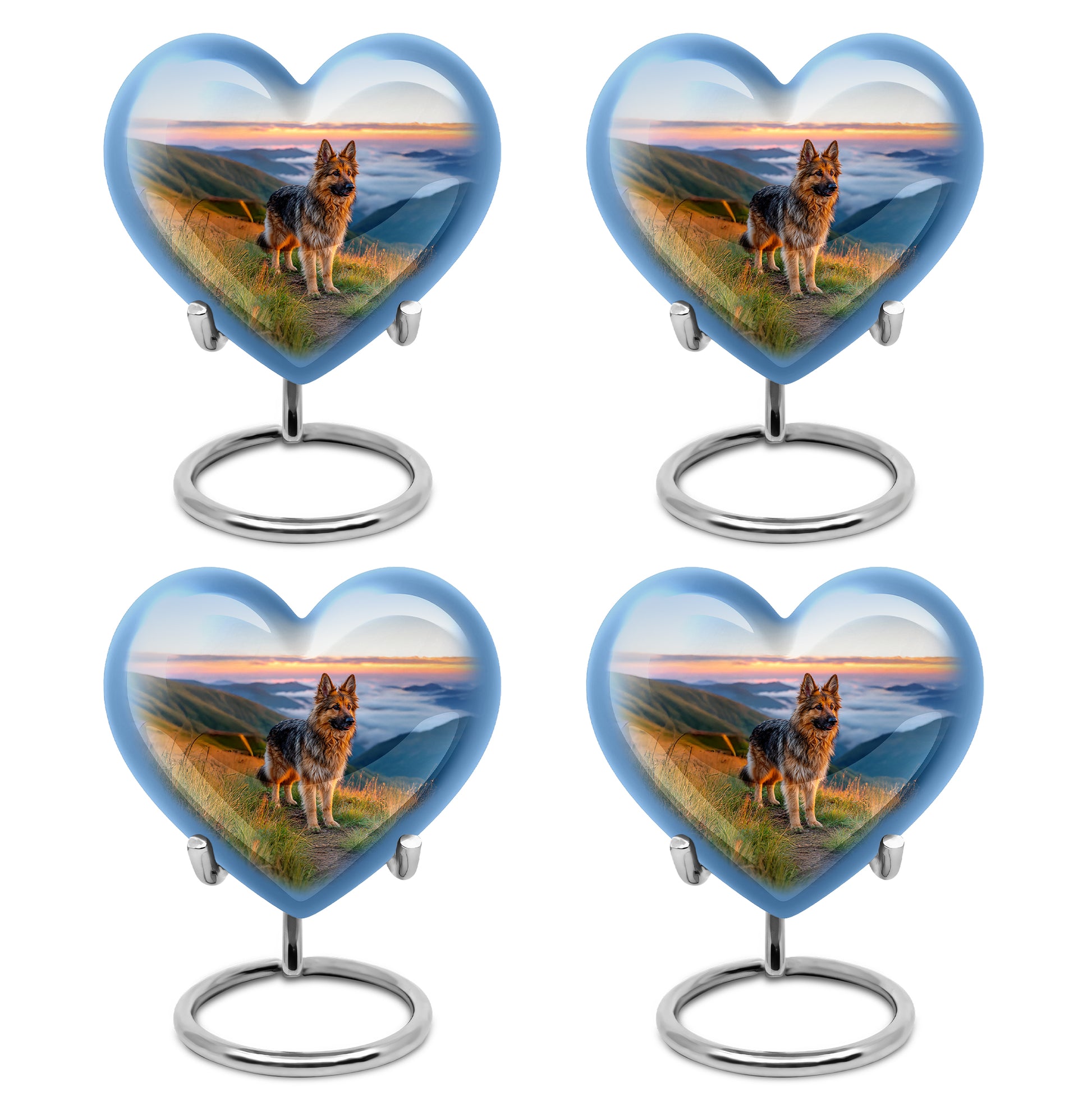 Royal Blue Dog Cremation Urn angled view of lid and engraved motif - romantic heart urn with dog motif on aluminum - 10 inch aluminum urn for cremated remains