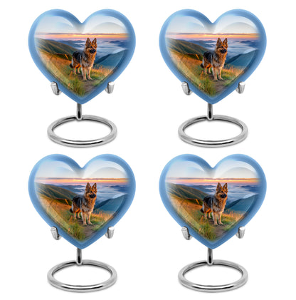 Royal Blue Dog Cremation Urn angled view of lid and engraved motif - romantic heart urn with dog motif on aluminum - 10 inch aluminum urn for cremated remains