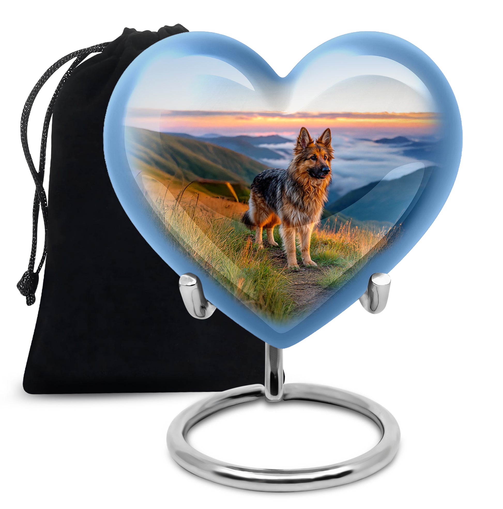 Twilight Blue Dog Cremation Urn detail view - romantic heart urn with dog motif on aluminum - full-size 10 inch 200 cubic inch adult cremation urn