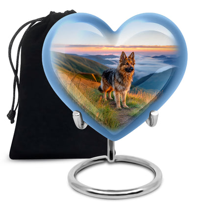 Twilight Blue Dog Cremation Urn detail view - romantic heart urn with dog motif on aluminum - full-size 10 inch 200 cubic inch adult cremation urn