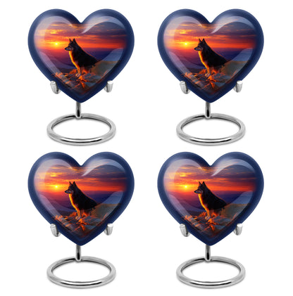Cornflower Blue Dog Cremation Urn angled view of lid and engraved motif - compassionate heart-dog combination with gentle curves - 10 inch aluminum urn for cremated remains