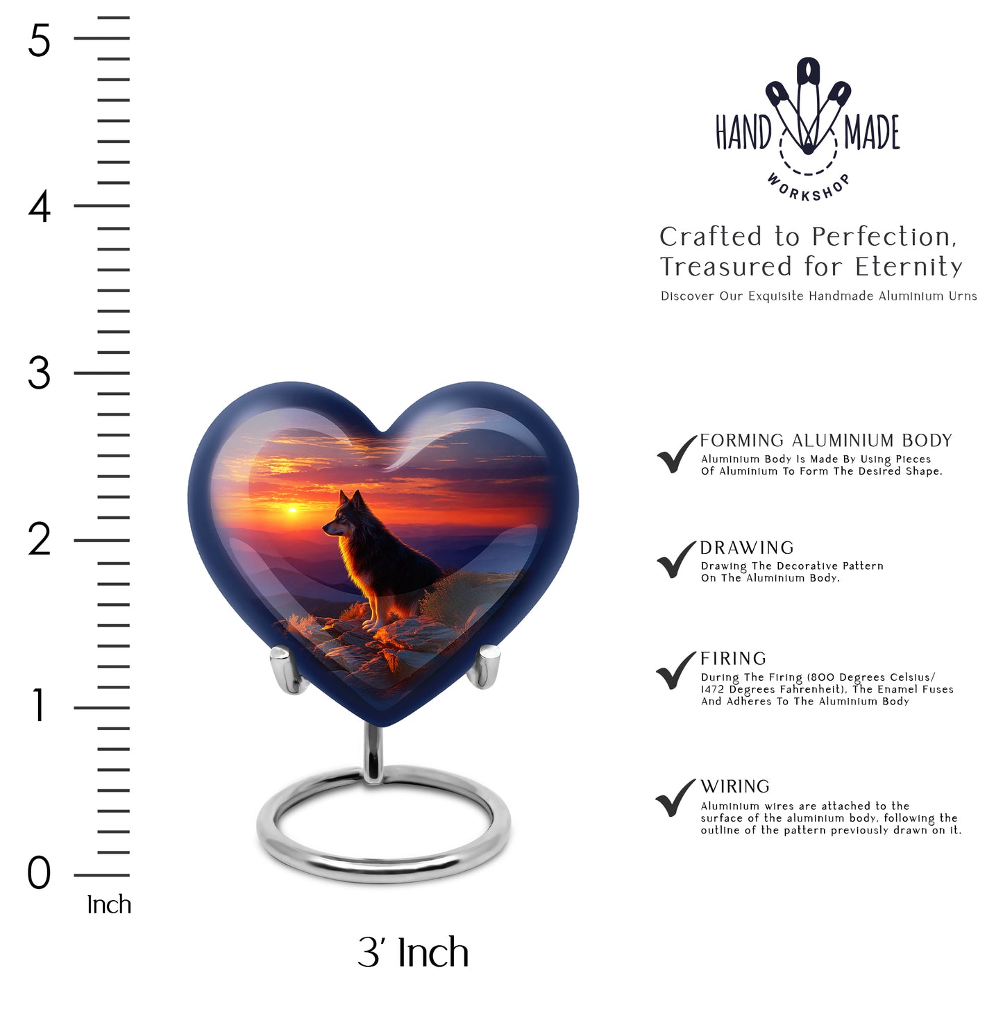 Cobalt Blue Dog Cremation Urn front view showing detailed design - romantic heart urn with dog motif on aluminum - mini keepsake memorial for portion of cremation ashes