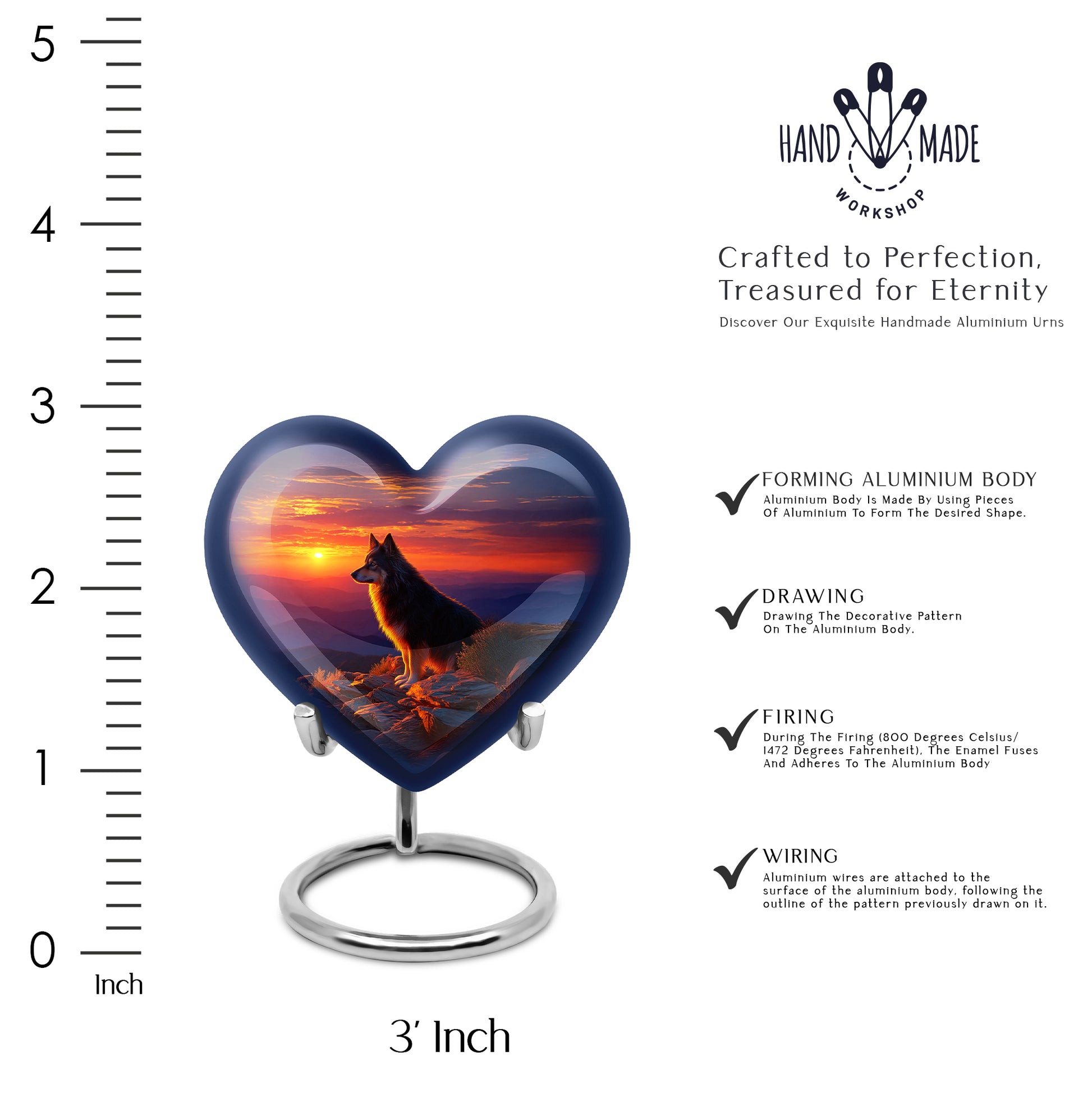Cobalt Blue Dog Cremation Urn front view showing detailed design - romantic heart urn with dog motif on aluminum - mini keepsake memorial for portion of cremation ashes