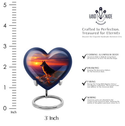 Cobalt Blue Dog Cremation Urn front view showing detailed design - romantic heart urn with dog motif on aluminum - mini keepsake memorial for portion of cremation ashes