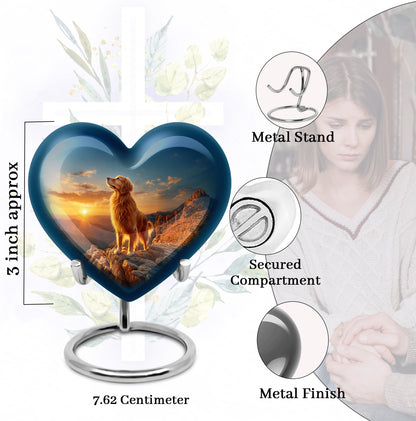 Bright Blue Dog Cremation Urn front view showing detailed design - romantic heart urn with dog motif on aluminum - mini keepsake memorial for portion of cremation ashes