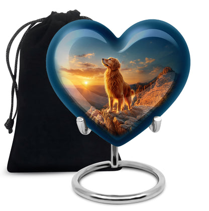 Calming Blue Dog Cremation Urn detail view - romantic heart urn with dog motif on aluminum - full-size 10 inch 200 cubic inch adult cremation urn