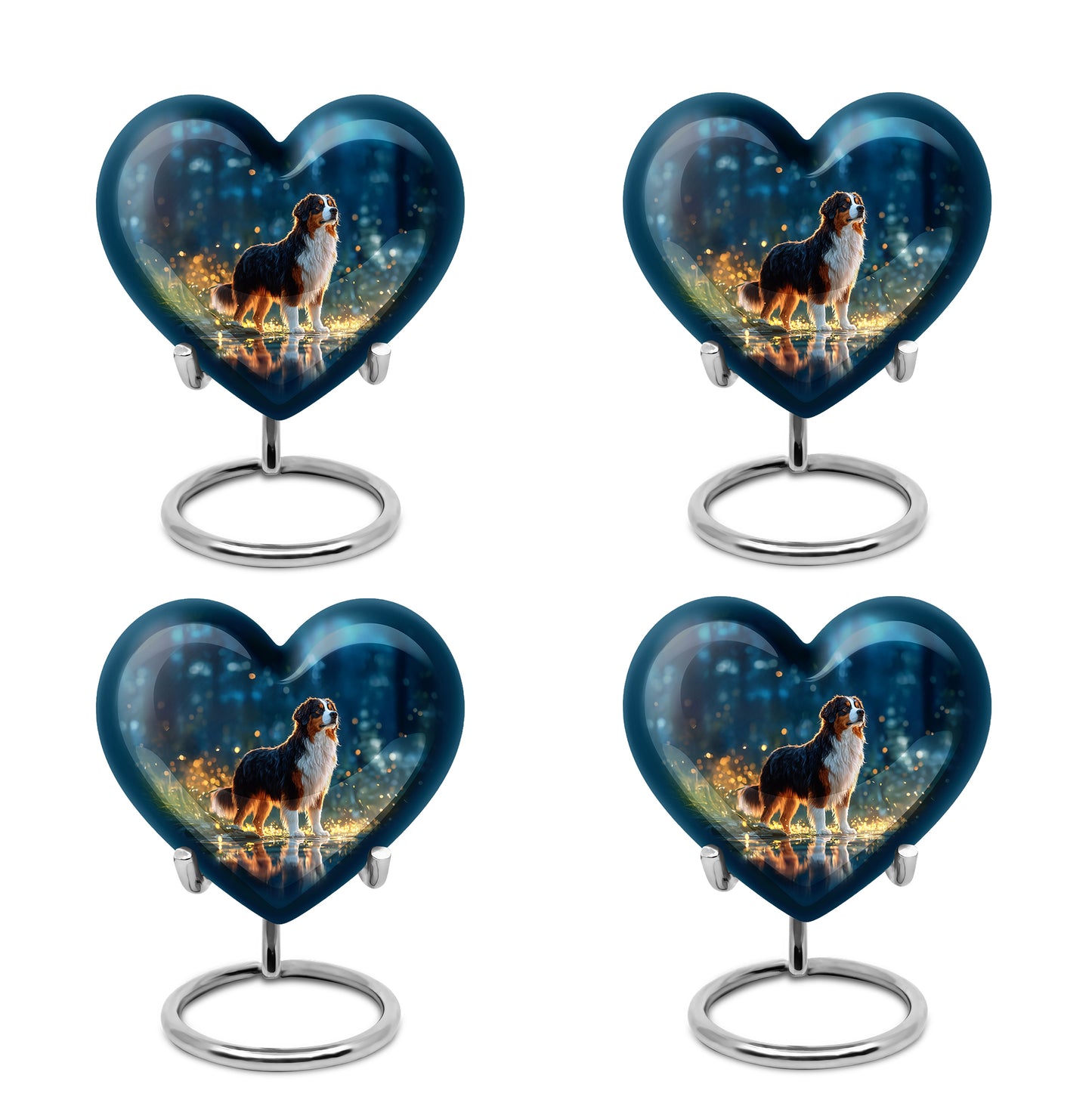 Cornflower Blue Dog Cremation Urn angled view of lid and engraved motif - romantic heart urn with dog motif on aluminum - 10 inch aluminum urn for cremated remains
