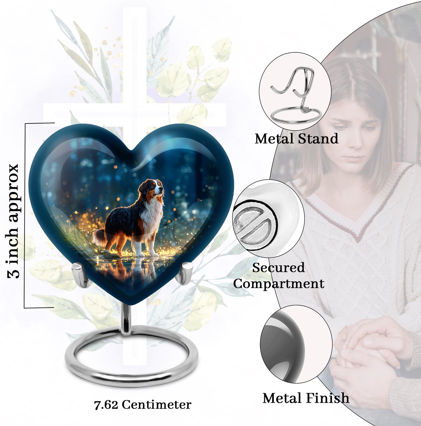 Powder Blue Dog Cremation Urn front view showing detailed design - loving heart memorial featuring dog pattern - mini keepsake memorial for portion of cremation ashes