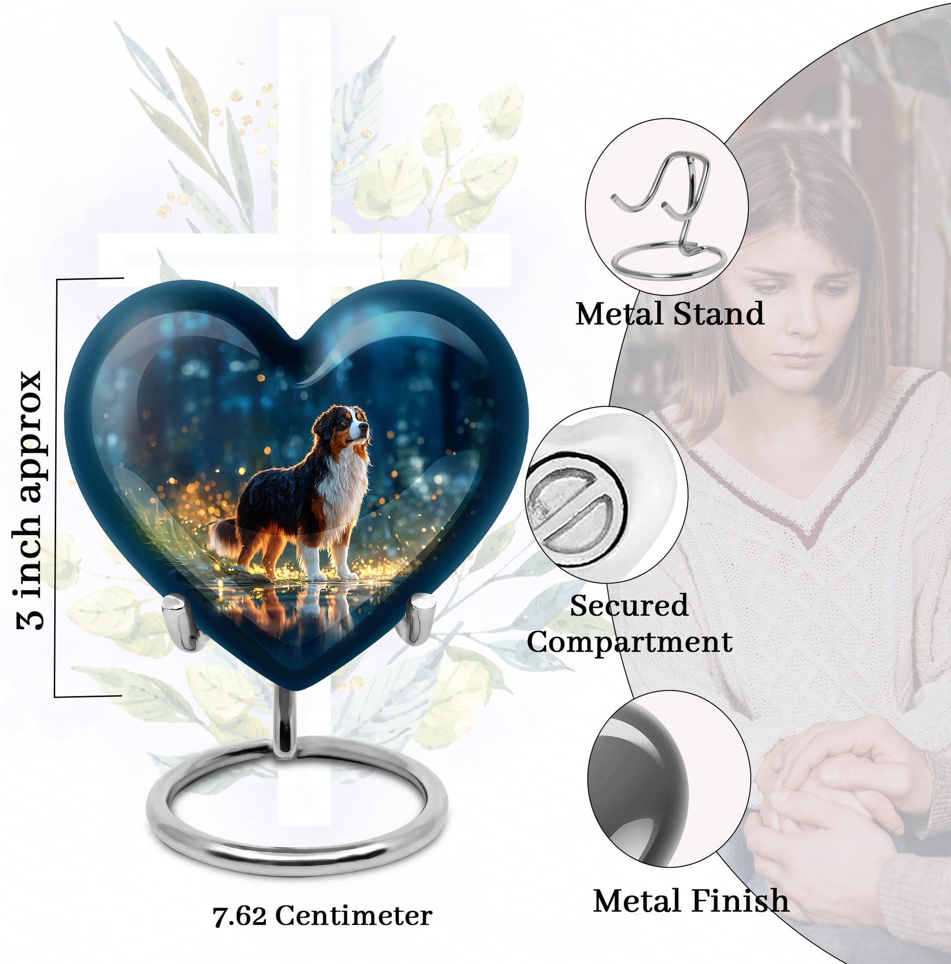 Powder Blue Dog Cremation Urn front view showing detailed design - loving heart memorial featuring dog pattern - mini keepsake memorial for portion of cremation ashes