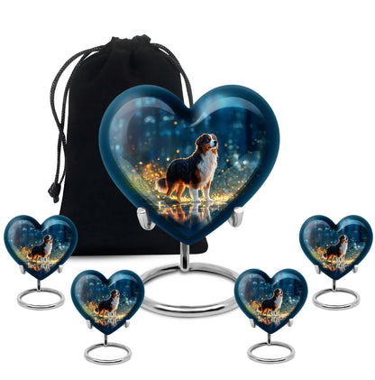 Celestial Blue Dog Cremation Urn close-up of engraving and surface detail - loving heart memorial featuring dog pattern - memorial set with one large and four small urns