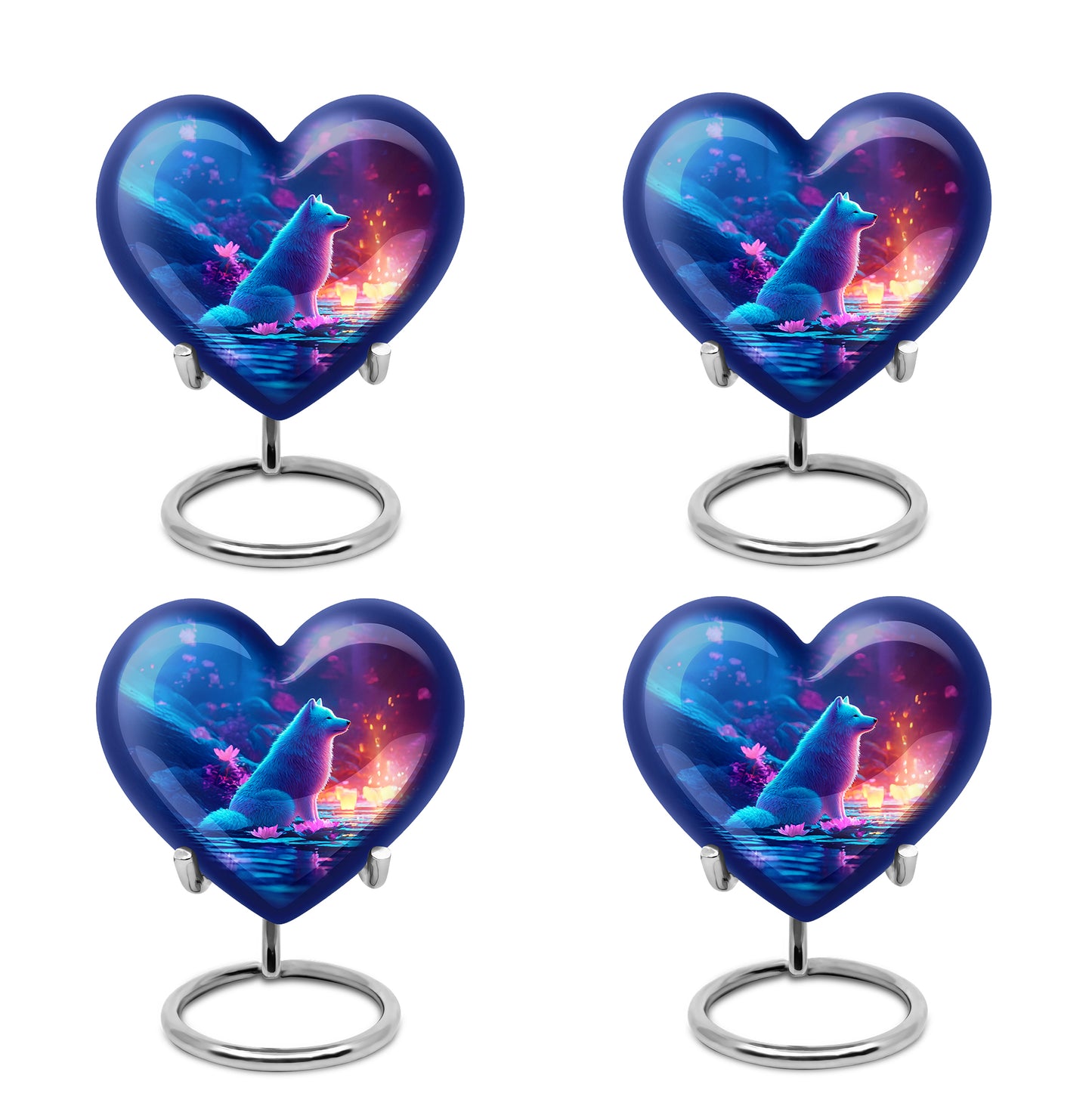 Sapphire Blue Dog Cremation Urn angled view of lid and engraved motif - compassionate heart-dog combination with gentle curves - 10 inch aluminum urn for cremated remains