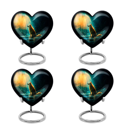 Ocean Teal Dog Cremation Urn angled view of lid and engraved motif - loving heart memorial featuring dog pattern - 10 inch aluminum urn for cremated remains