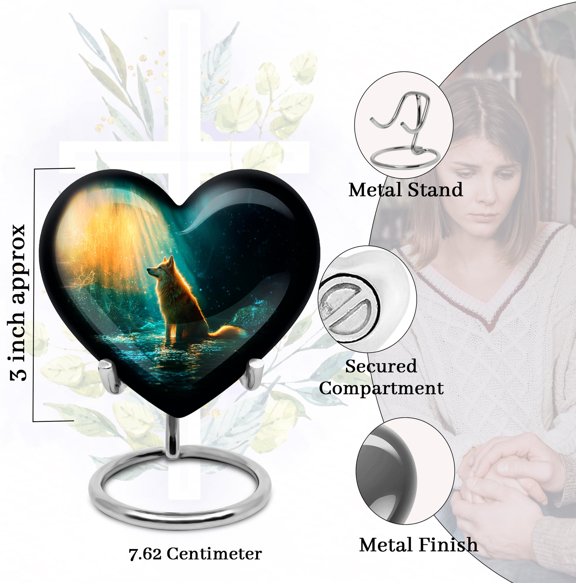Ocean Teal Dog Cremation Urn front view showing detailed design - heart-shaped dog design symbolizing eternal love - mini keepsake memorial for portion of cremation ashes