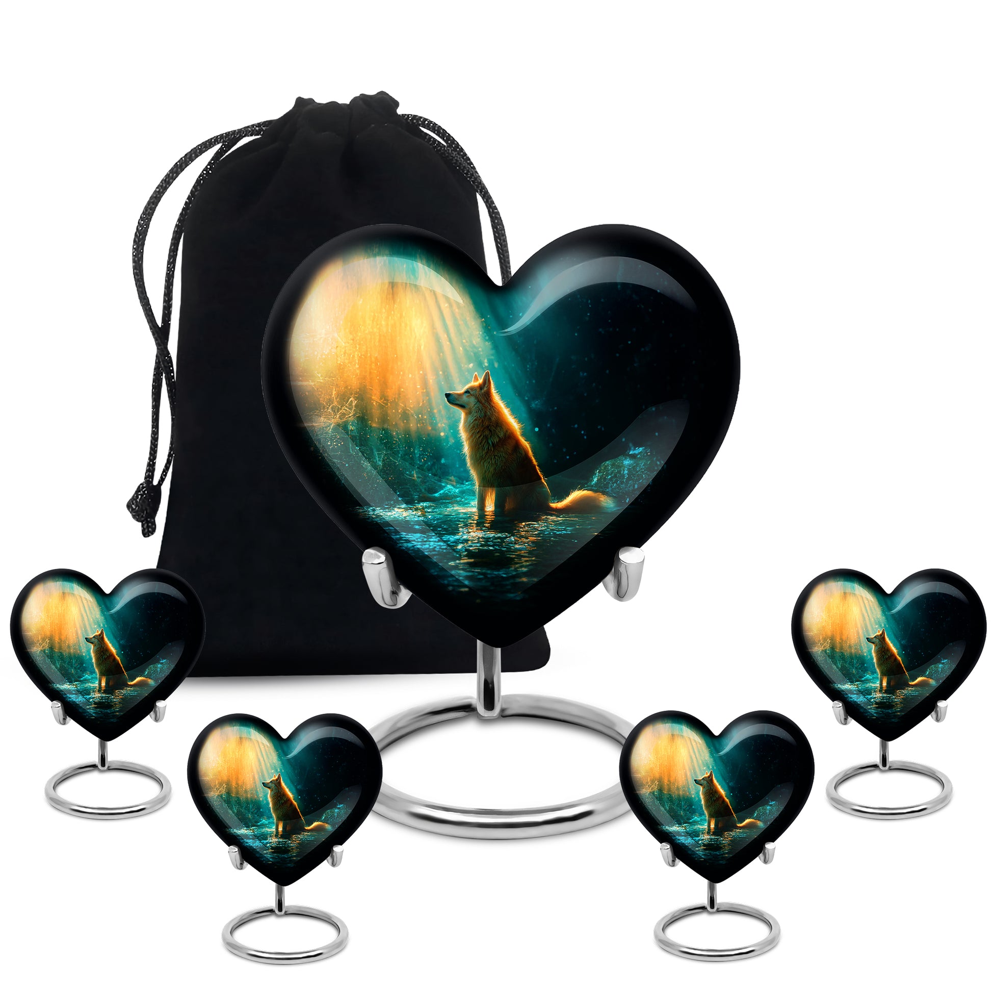 Jewel Teal Dog Cremation Urn close-up of engraving and surface detail - heart-shaped dog design symbolizing eternal love - memorial set with one large and four small urns