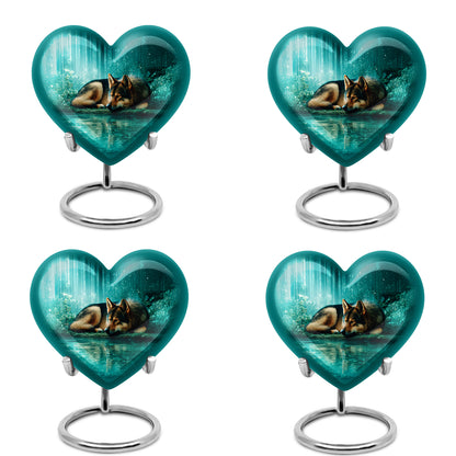 Aqua Teal Dog Cremation Urn angled view of lid and engraved motif - compassionate heart-dog combination with gentle curves - 10 inch aluminum urn for cremated remains
