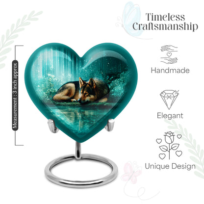 Sea Green Teal Dog Cremation Urn front view showing detailed design - loving heart memorial featuring dog pattern - mini keepsake memorial for portion of cremation ashes