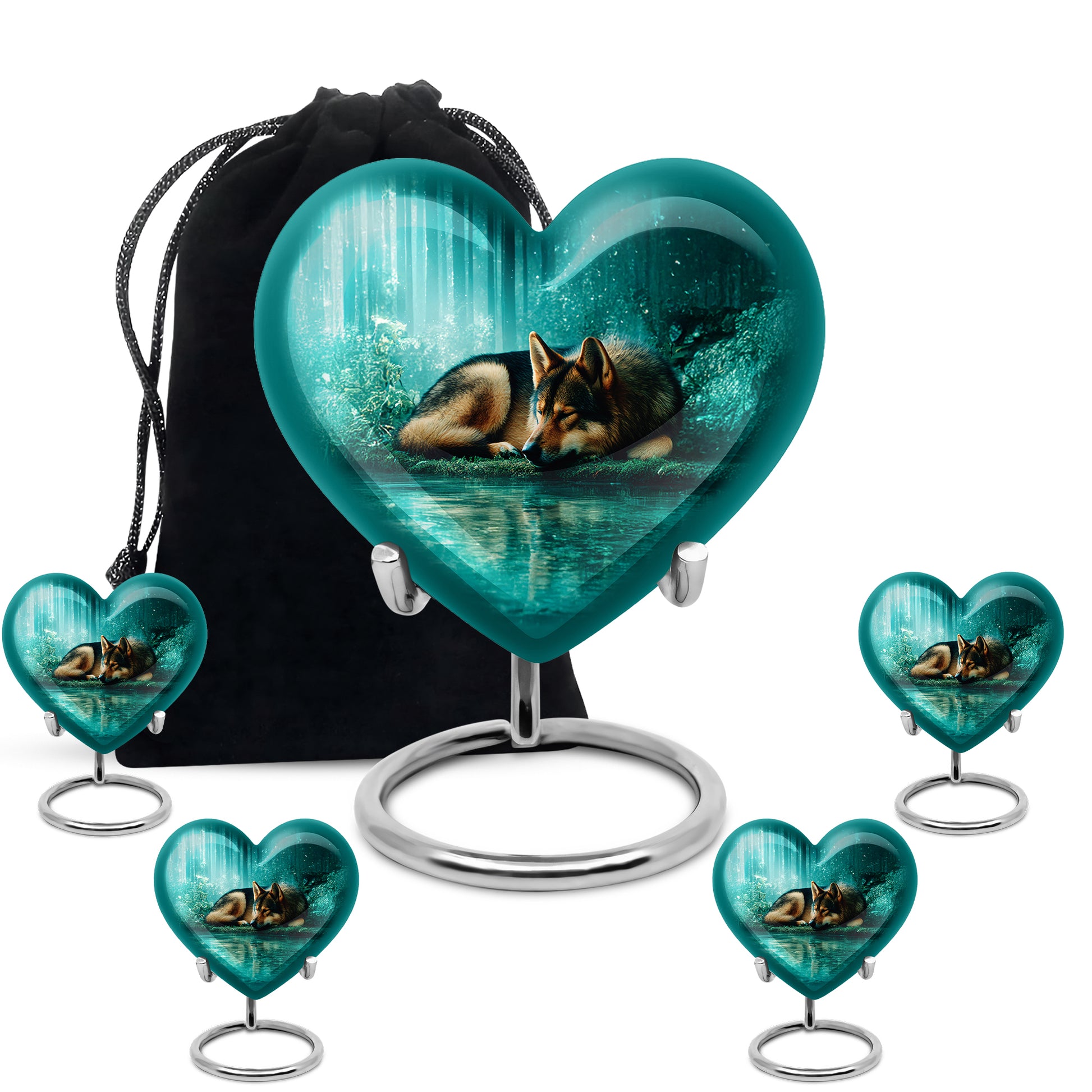 Jewel Teal Dog Cremation Urn close-up of engraving and surface detail - loving heart memorial featuring dog pattern - memorial set with one large and four small urns