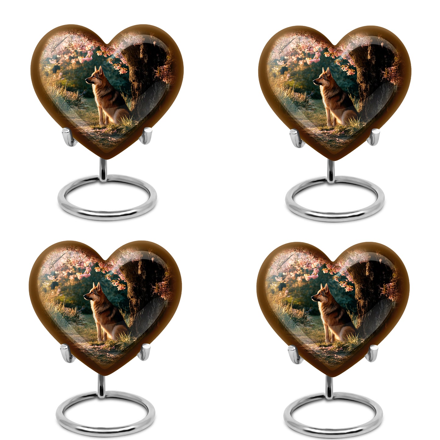 Sunrise Gold Dog Cremation Urn angled view of lid and engraved motif - heart-shaped dog design symbolizing eternal love - 10 inch aluminum urn for cremated remains