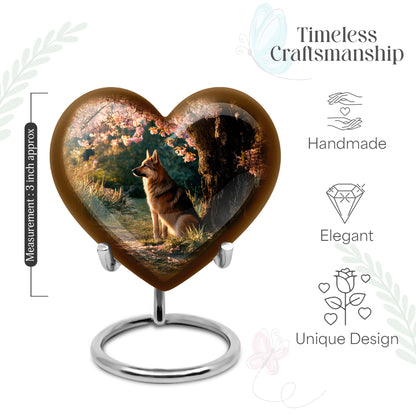 Sunrise Gold Dog Cremation Urn front view showing detailed design - loving heart memorial featuring dog pattern - mini keepsake memorial for portion of cremation ashes