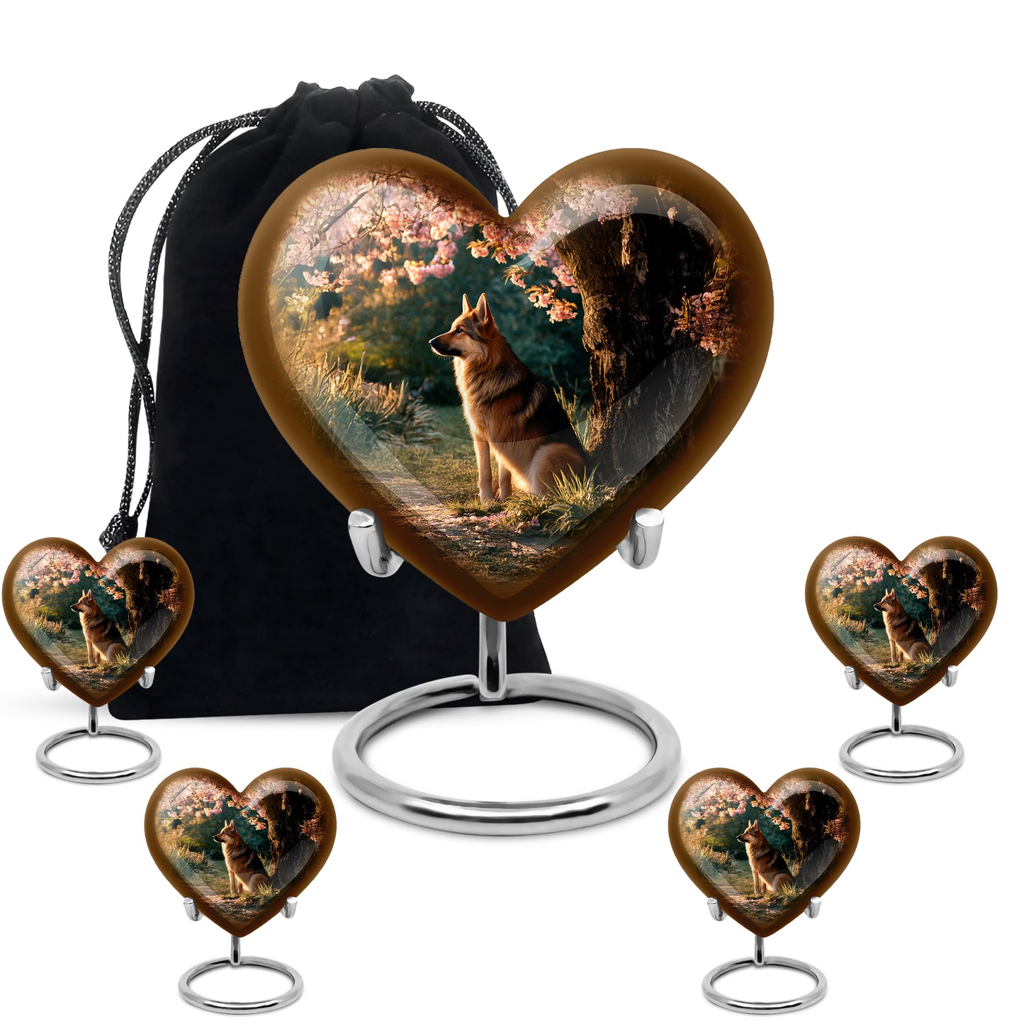 Matte Gold Dog Cremation Urn close-up of engraving and surface detail - romantic heart urn with dog motif on aluminum - memorial set with one large and four small urns