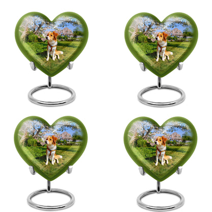 Serene Blue Dog Cremation Urn angled view of lid and engraved motif - compassionate heart-dog combination with gentle curves - 10 inch aluminum urn for cremated remains