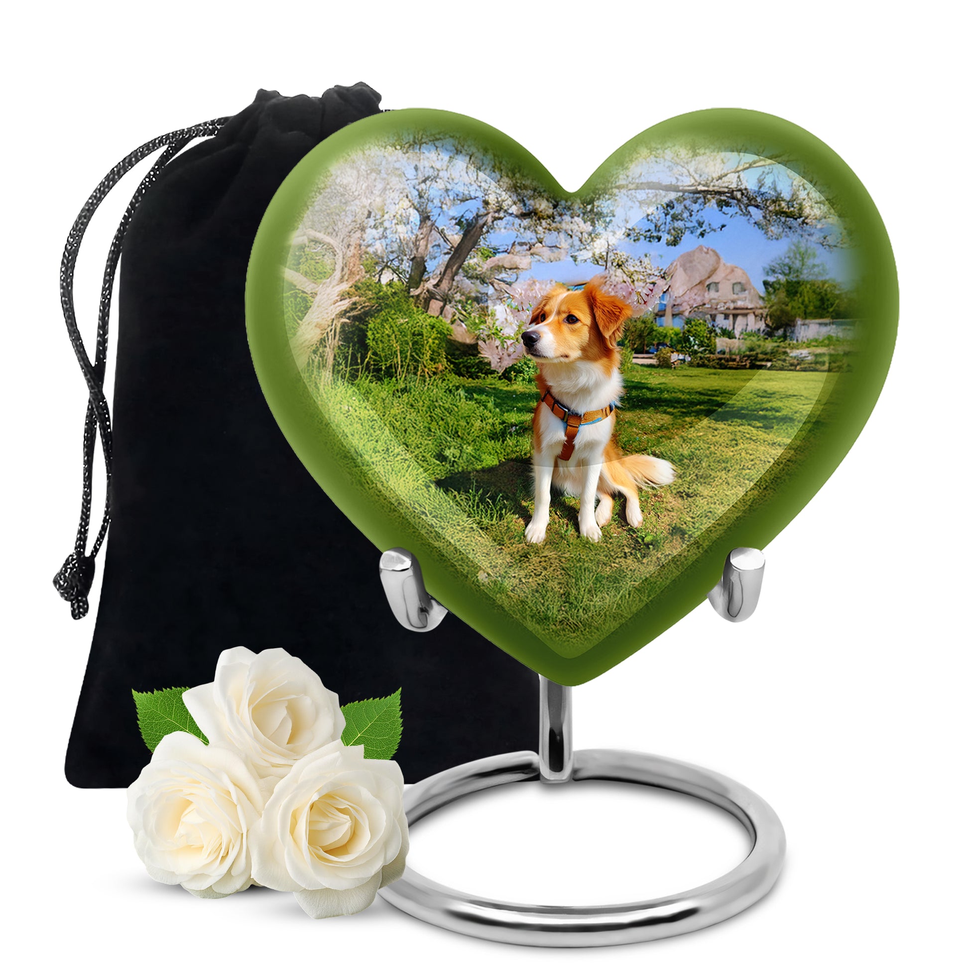 Cornflower Blue Dog Cremation Urn detail view - compassionate heart-dog combination with gentle curves - full-size 10 inch 200 cubic inch adult cremation urn