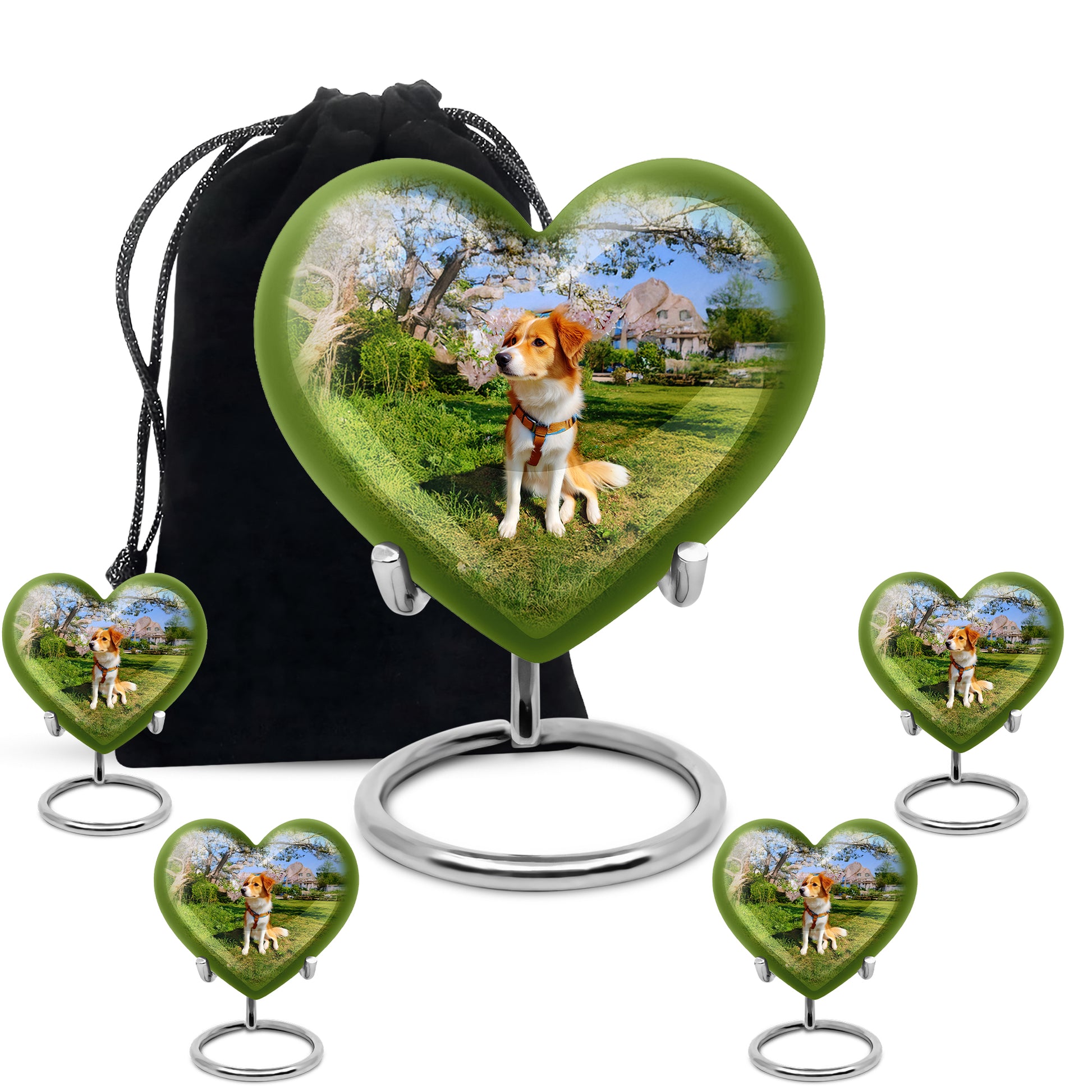 Icy Blue Dog Cremation Urn close-up of engraving and surface detail - loving heart memorial featuring dog pattern - memorial set with one large and four small urns