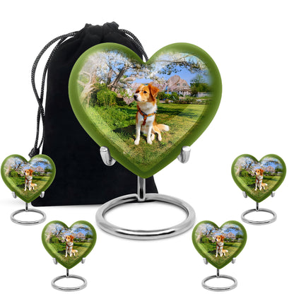 Icy Blue Dog Cremation Urn close-up of engraving and surface detail - loving heart memorial featuring dog pattern - memorial set with one large and four small urns