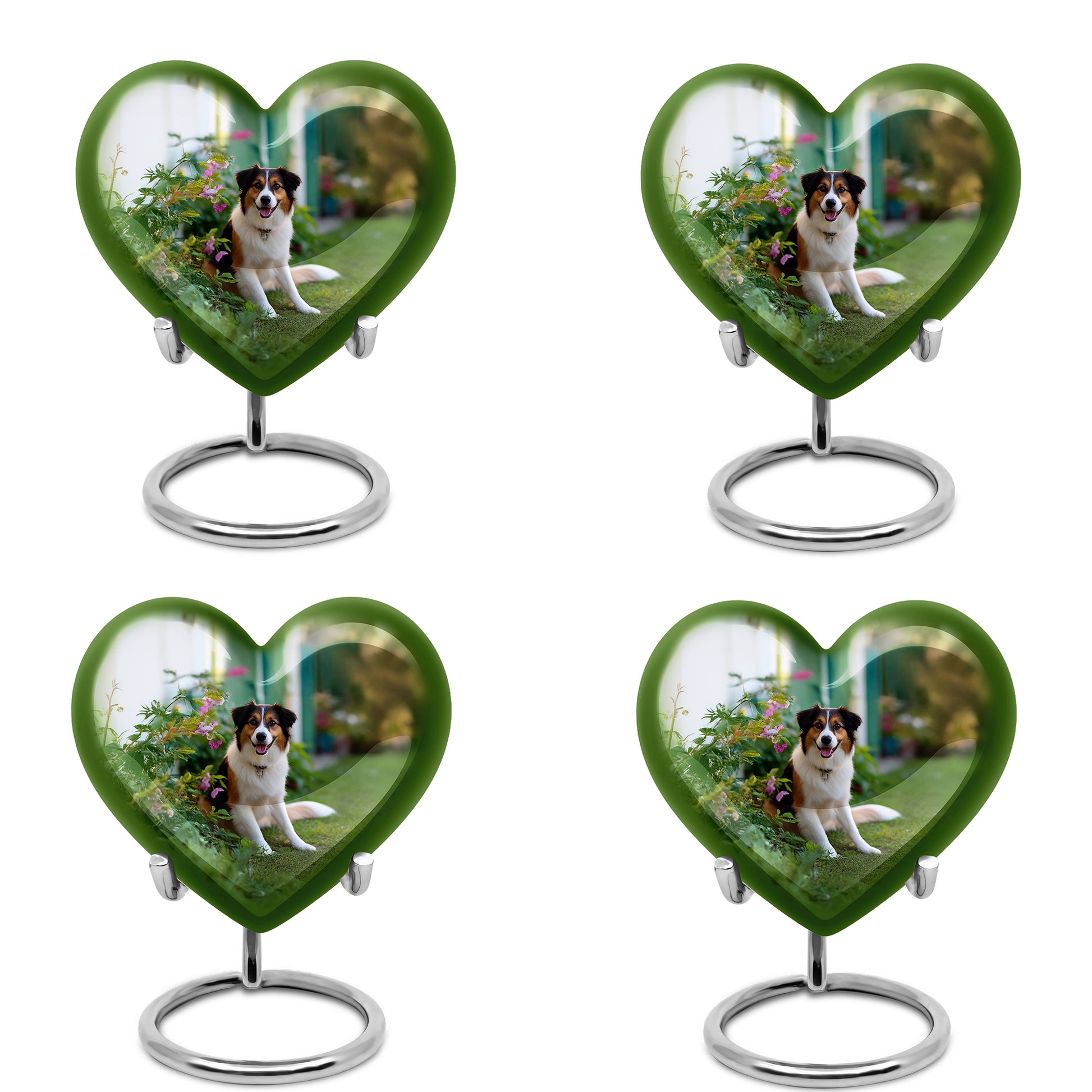 Mint Green Dog Cremation Urn angled view of lid and engraved motif - romantic heart urn with dog motif on aluminum - 10 inch aluminum urn for cremated remains