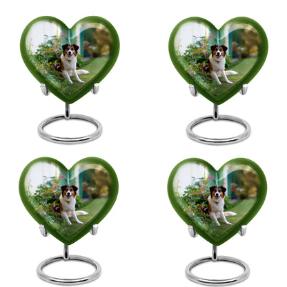 Mint Green Dog Cremation Urn angled view of lid and engraved motif - romantic heart urn with dog motif on aluminum - 10 inch aluminum urn for cremated remains