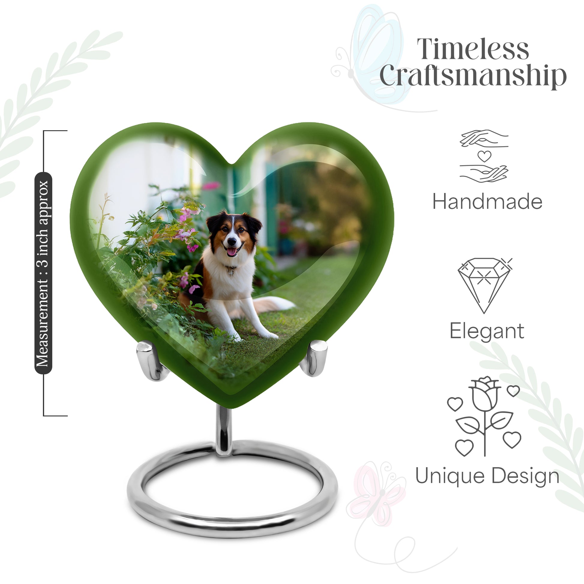Mint Green Dog Cremation Urn front view showing detailed design - romantic heart urn with dog motif on aluminum - mini keepsake memorial for portion of cremation ashes
