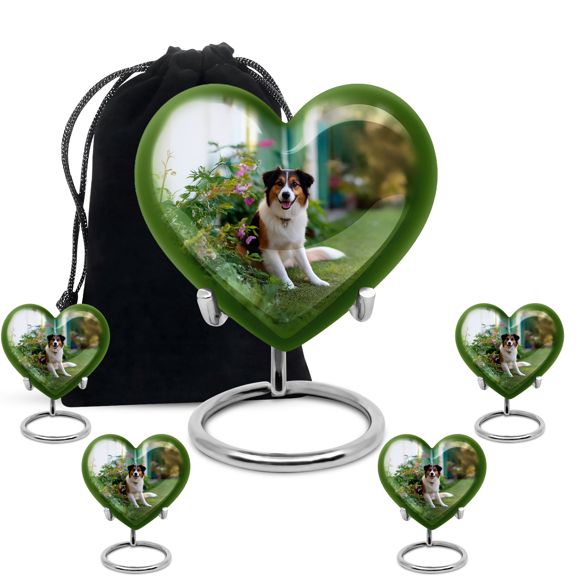 Emerald Green Dog Cremation Urn close-up of engraving and surface detail - heart-shaped dog design symbolizing eternal love - memorial set with one large and four small urns