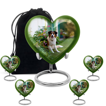 Emerald Green Dog Cremation Urn close-up of engraving and surface detail - heart-shaped dog design symbolizing eternal love - memorial set with one large and four small urns