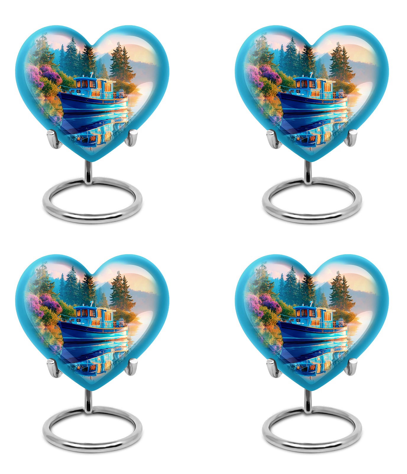 Navy Blue Boat Cremation Urn angled view of lid and engraved motif - heart-shaped boat design symbolizing eternal love - 10 inch aluminum urn for cremated remains