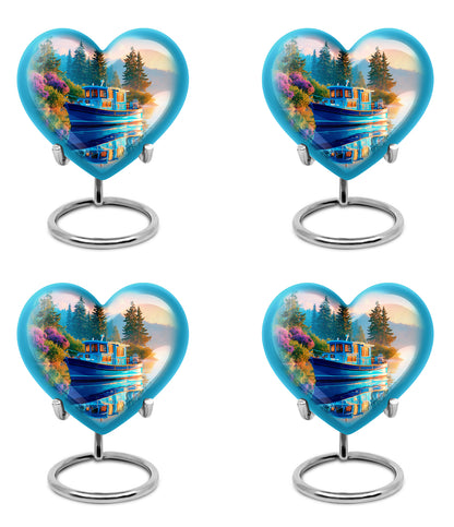 Navy Blue Boat Cremation Urn angled view of lid and engraved motif - heart-shaped boat design symbolizing eternal love - 10 inch aluminum urn for cremated remains